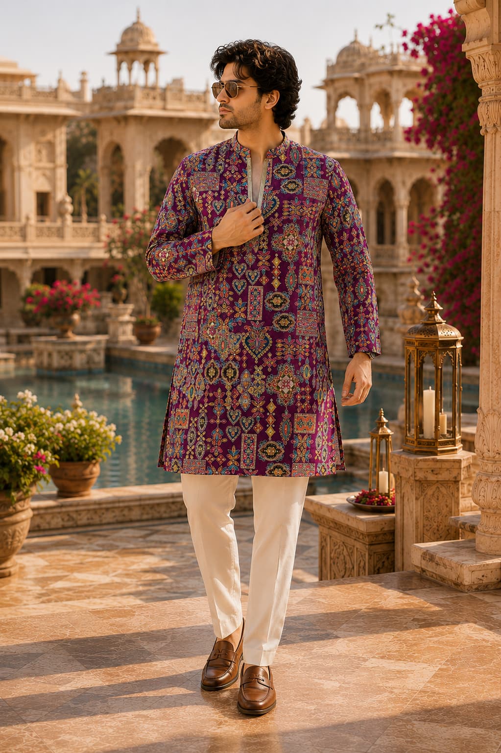 DWAARIK V-Neck Signature Motif Kurta